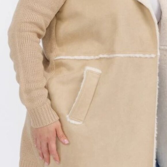 OnTwelfth Women’s Plus Size Open Front Faux Suede & Sherpa Lined Coat – Beige - Picture 6 of 12
